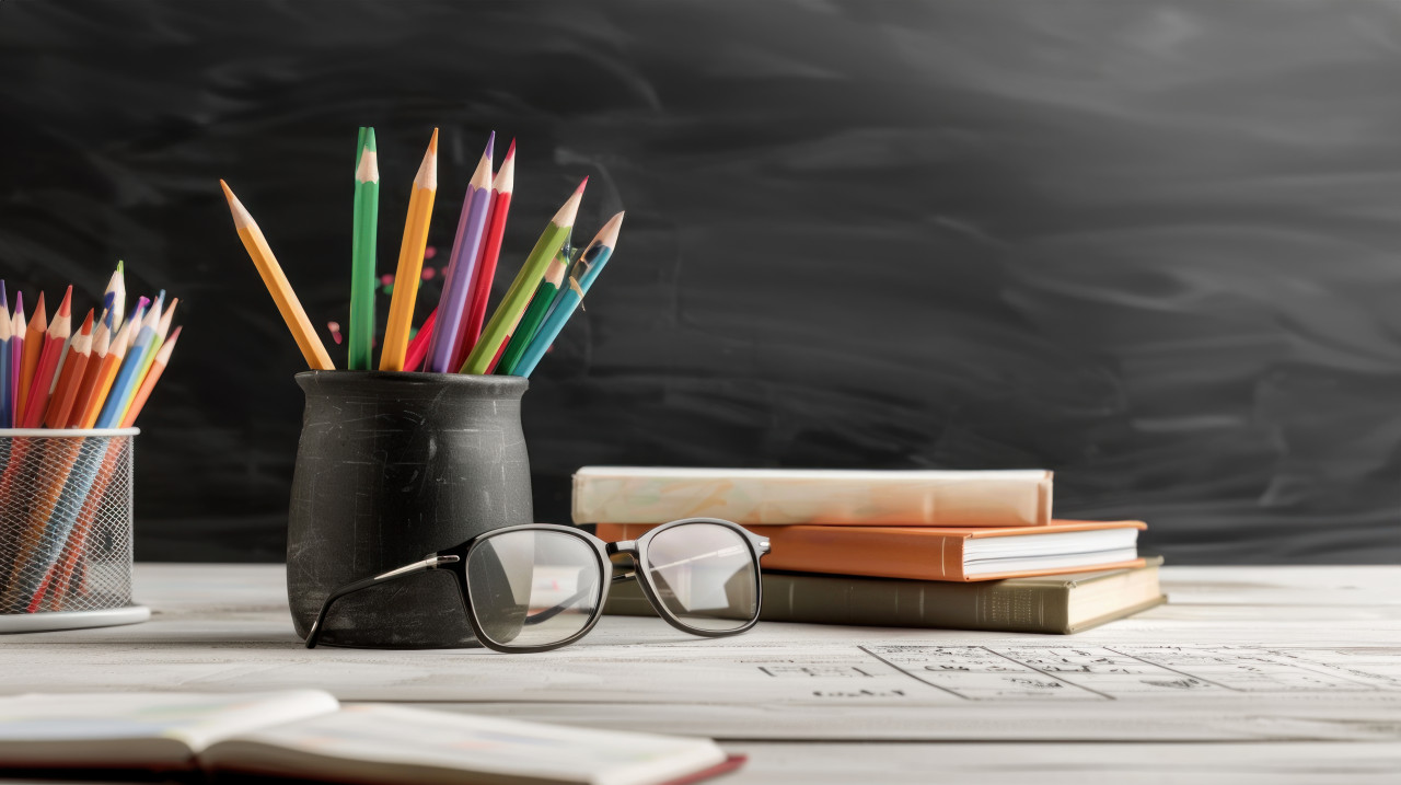 Colorful pencil pot filled with glasses books and colored pencils on a school desk against a blackboard background celebrating teachers day, educational supplies, teacher appreciation