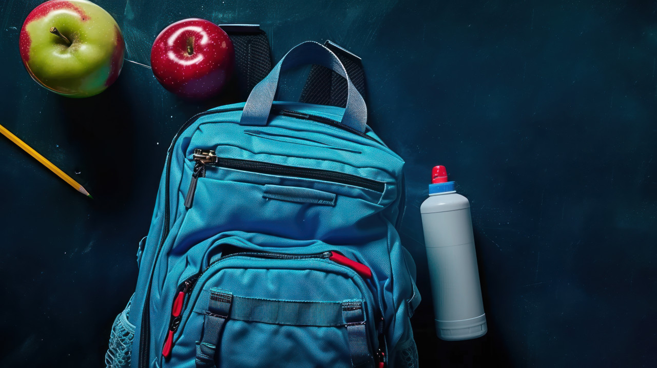 Blue backpack surrounded by scattered school supplies like apples and pencils on a dark background celebrating teachers day, educational tools, classroom preparation