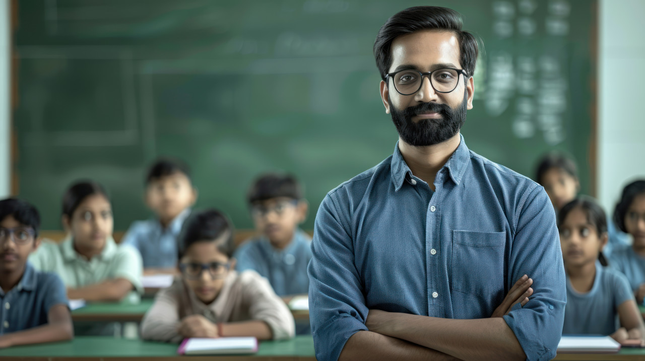Handsome indian male teacher with glasses and blue shirt standing proudly in front of seated students celebrating teachers day classroom leadership, educational guidance, student teacher connection