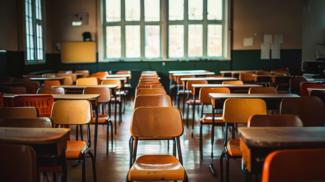 Empty classroom with rows desks and chairs teachers day decorations, traditional school setup, classroom without students