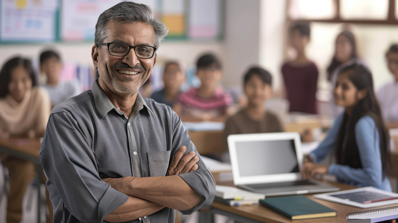 Smiling indian male teacher with glasses stands in front of students with arms crossed celebrating teachers day, confident and happy, teacher appreciation, indian culture