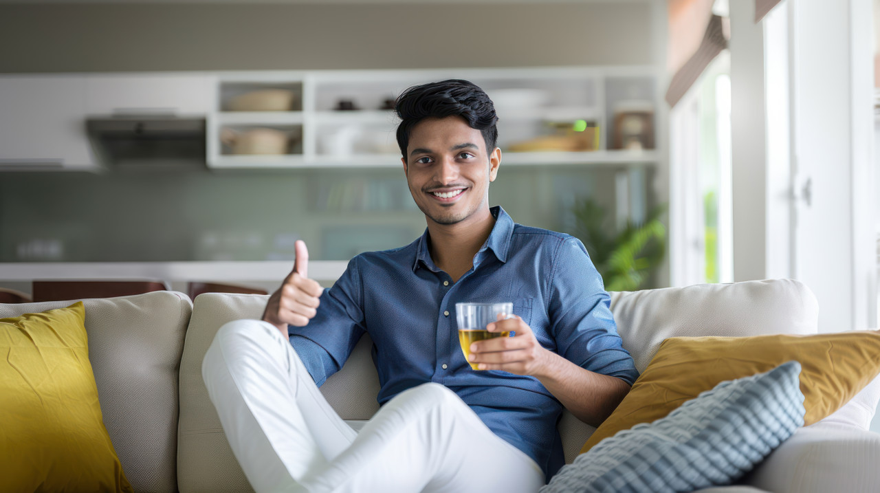 Handsome young indian man sitting on sofa in living room and drinking green tea from glass cup, relaxation, healthy lifestyle, tea benefits