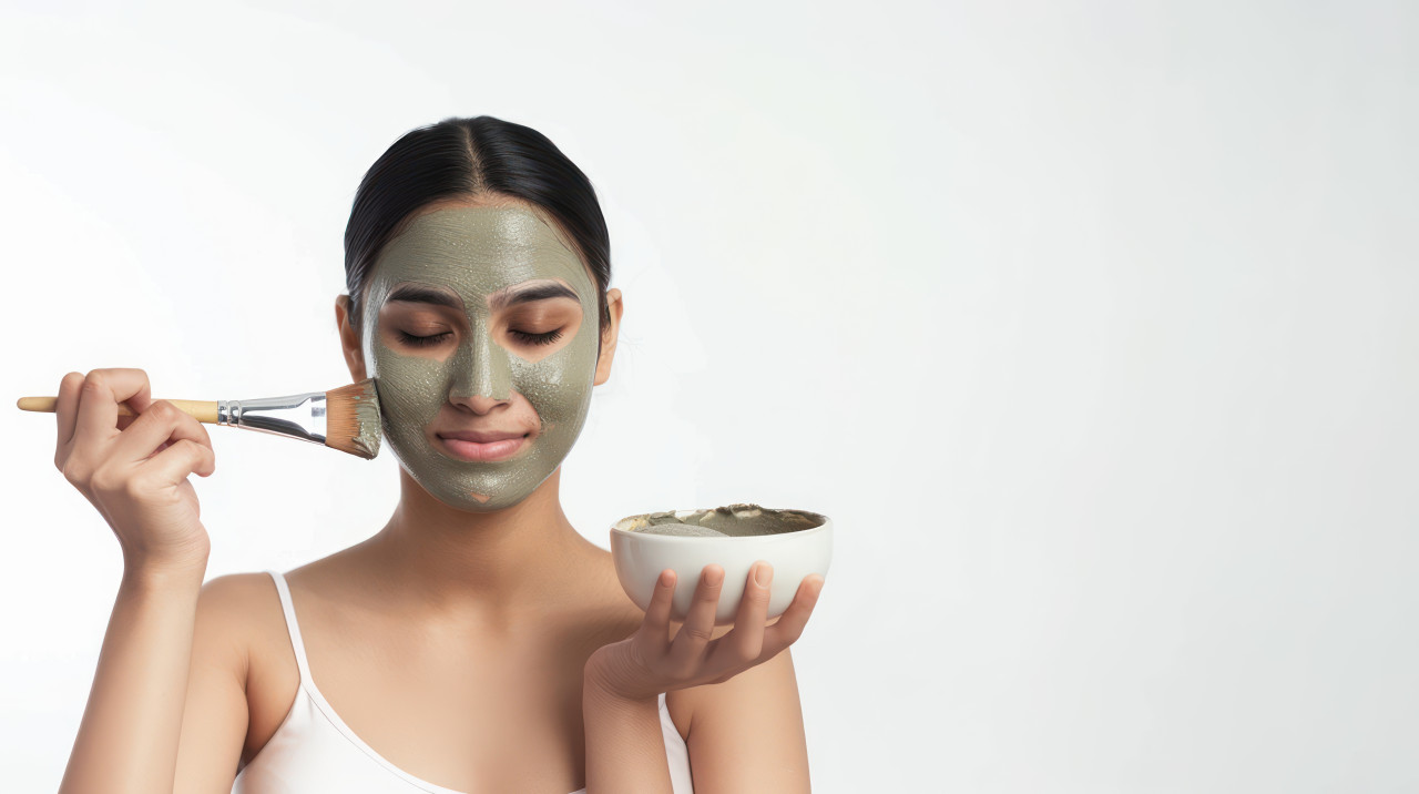 Indian woman holding a bowl and applying a clay face mask to face with a brush isolated on a white background, skincare routine, beauty treatment, facial care