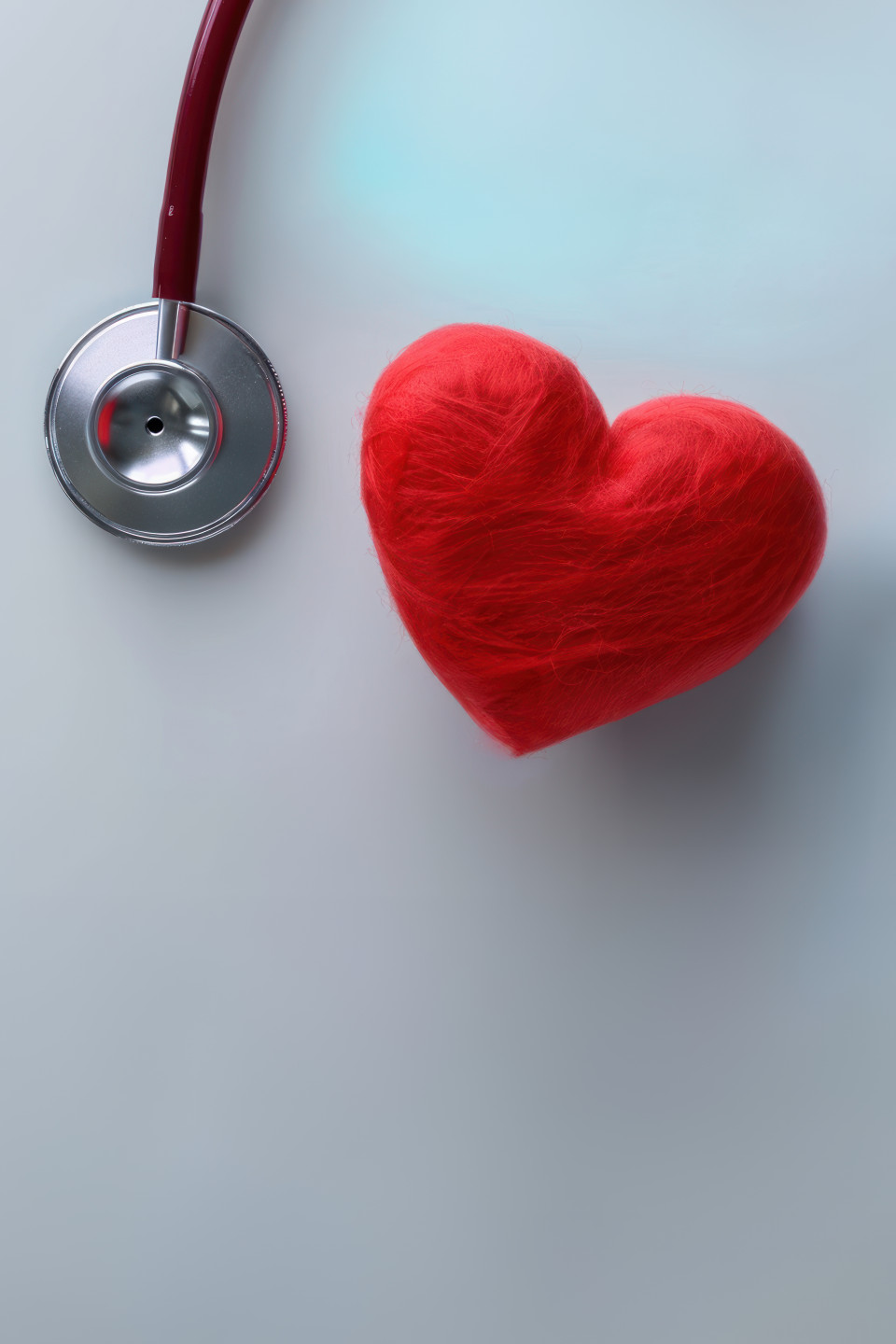 A red heart shape and stethoscope on a white background symbolize heart health and medical care, world heart day, medical heart