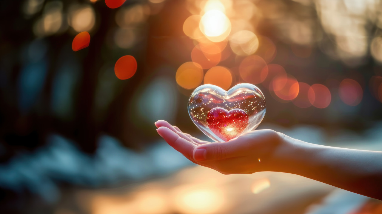 A heart shaped glass sphere held in the palm of an outstretched hand with warm sunlight casting soft shadows and a blurred background, world heart day, glass heart