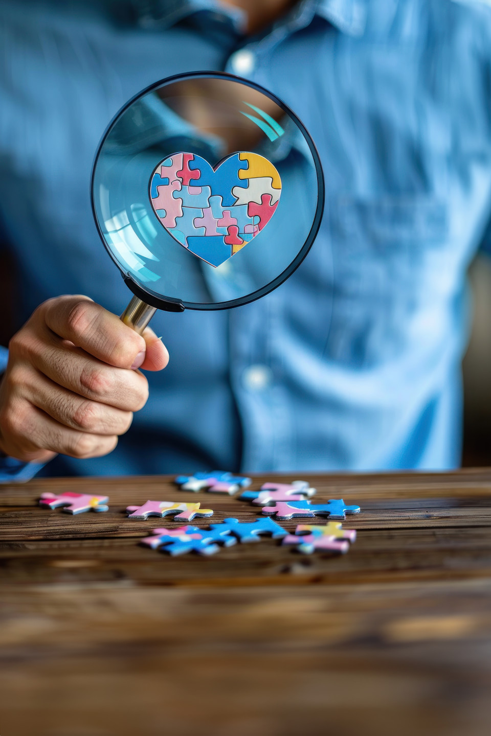 A man holding a magnifying glass examining colorful puzzle pieces shaped like a heart on a wooden table symbolizing attention to heart health, world heart day, puzzle heart