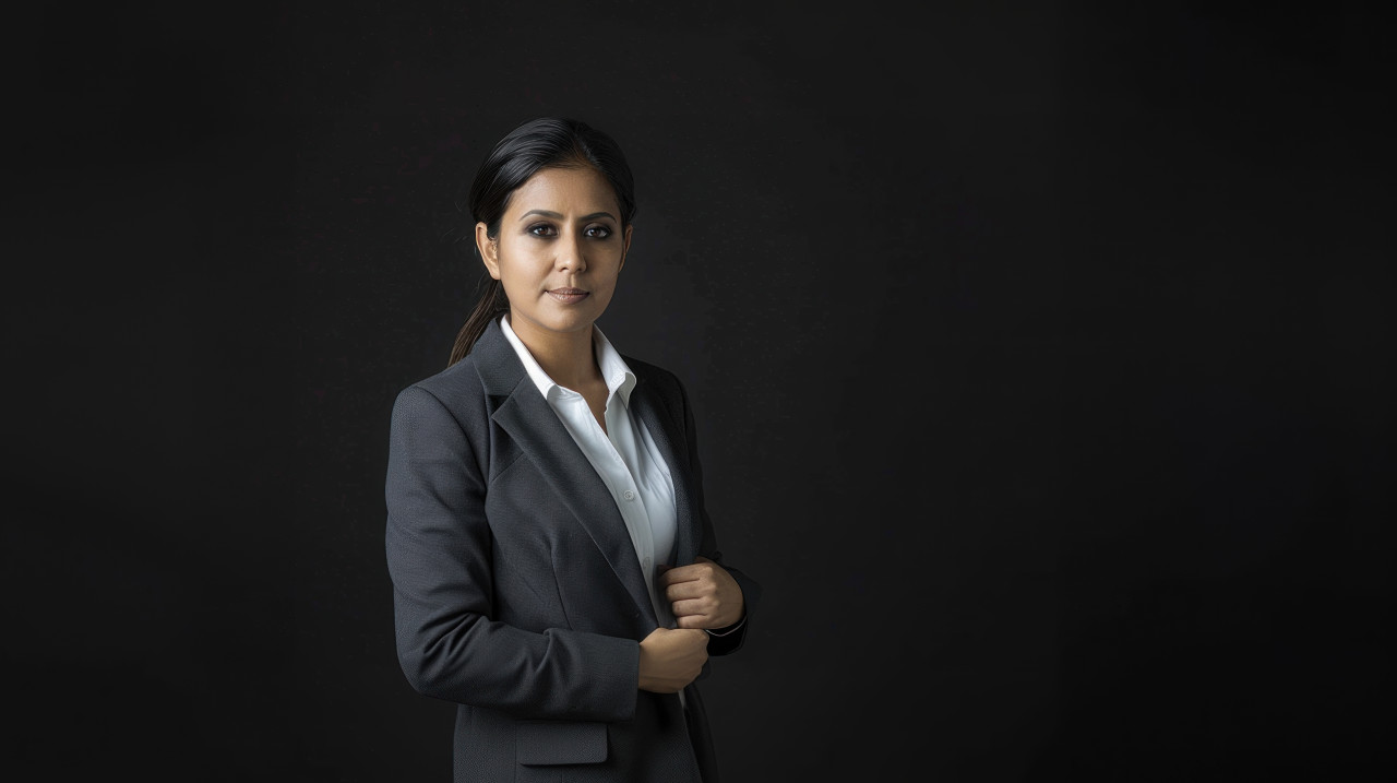Indian woman in business attire standing against a black background, confident professional, business attire, professional woman