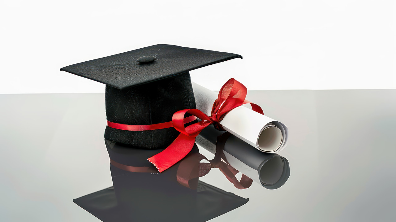 Black graduation cap with red ribbon and white diploma on the table isolated on white background, graduation ceremony, diploma and cap, education milestone