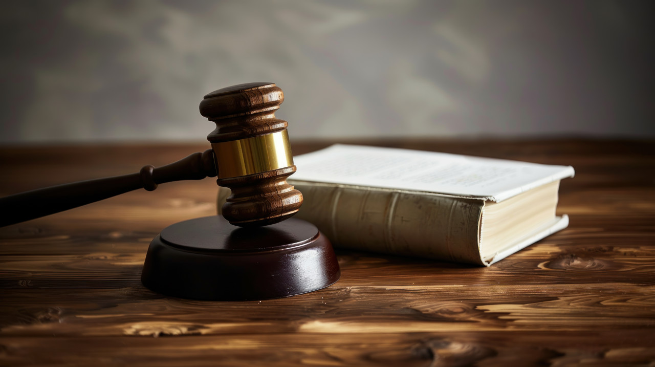 Gavel and legal books placed on a wooden table, legal system, courtroom setting
