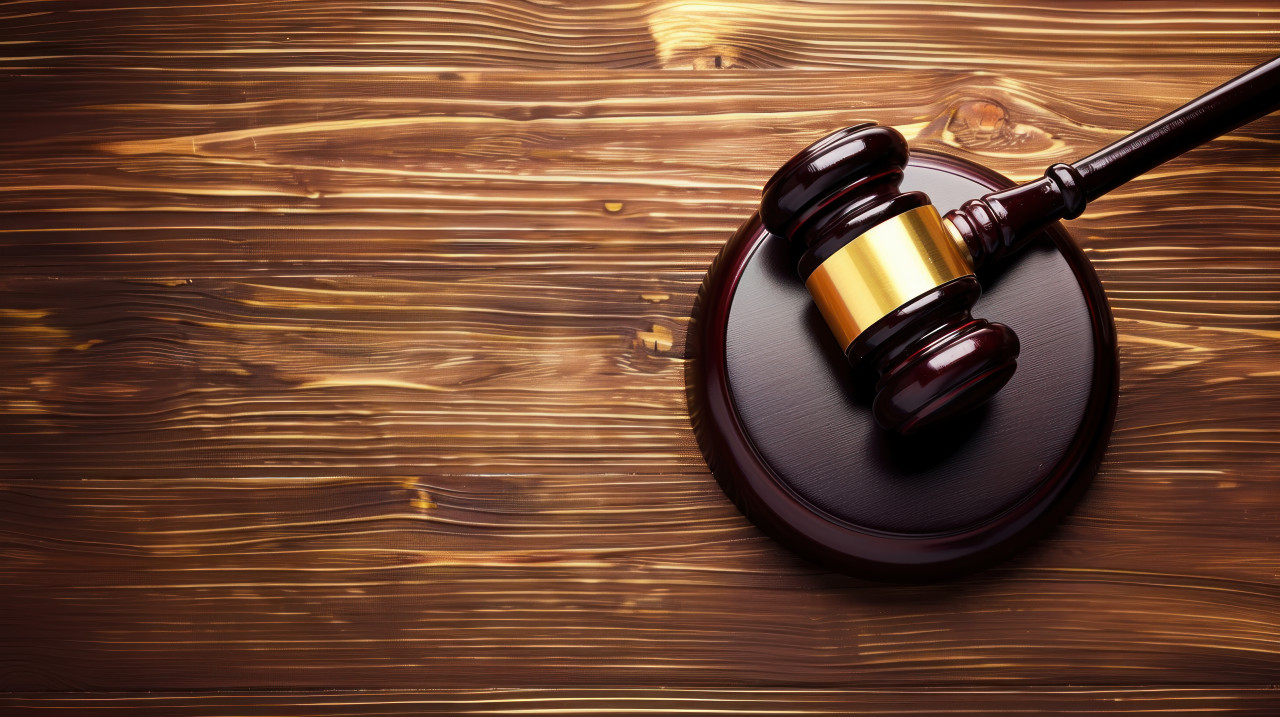 Gavel on a wooden tabletop symbolizing legal authority and court proceedings, law practice, legal profession