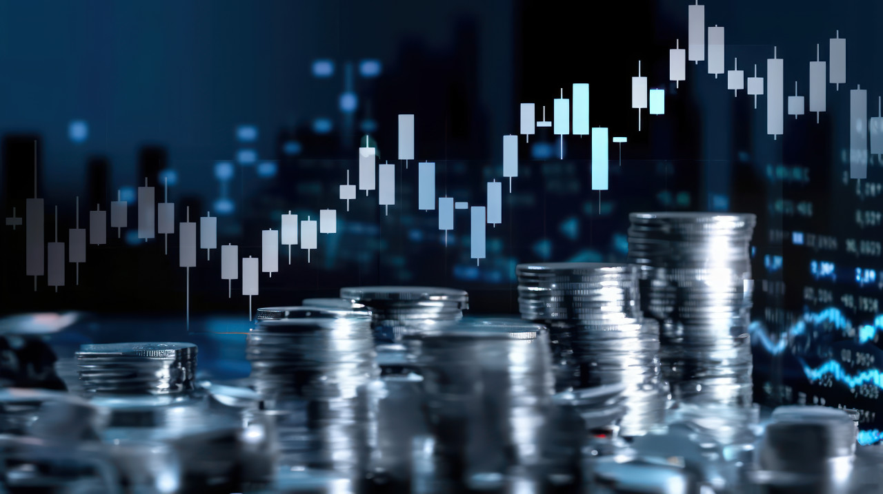 Stock market graph showing growth trend with stacks of coins on dark background illustrating sales performance, financial success, investment strategy