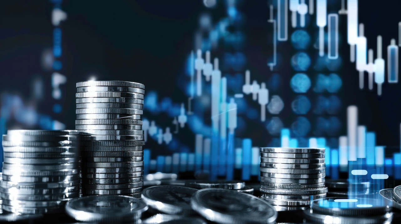 Stock market graph showing financial growth stacks of coins on dark background successful sales performance, investment profit, money stacks