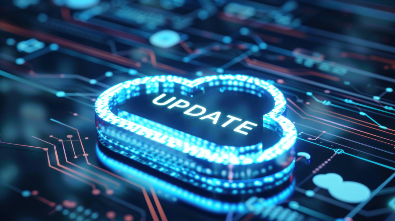 Holographic 3d cloud displaying update text on digital backdrop, futuristic technology concept, digital data software update