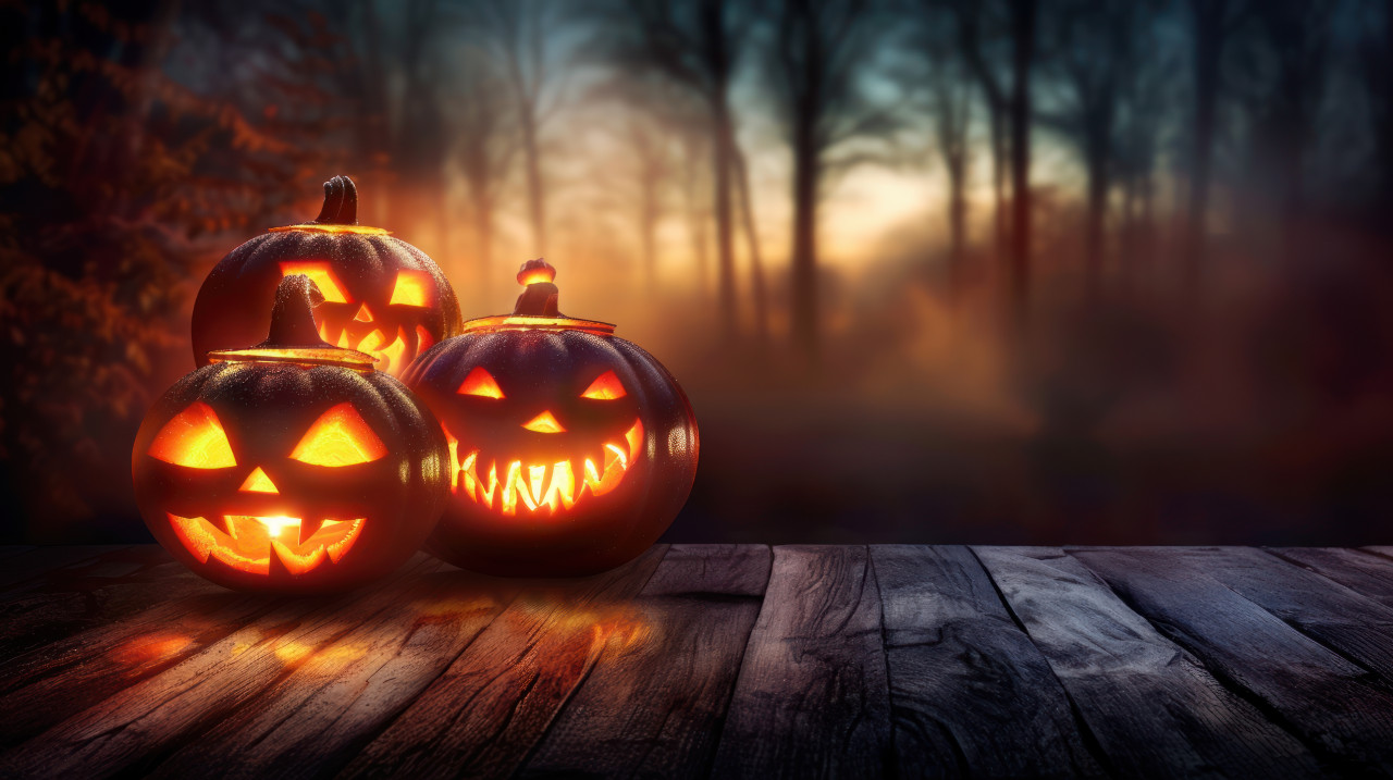 Halloween pumpkins glowing against a foggy woods background at dusk on a wooden table with copy space spooky scene, halloween pumpkins, foggy woods