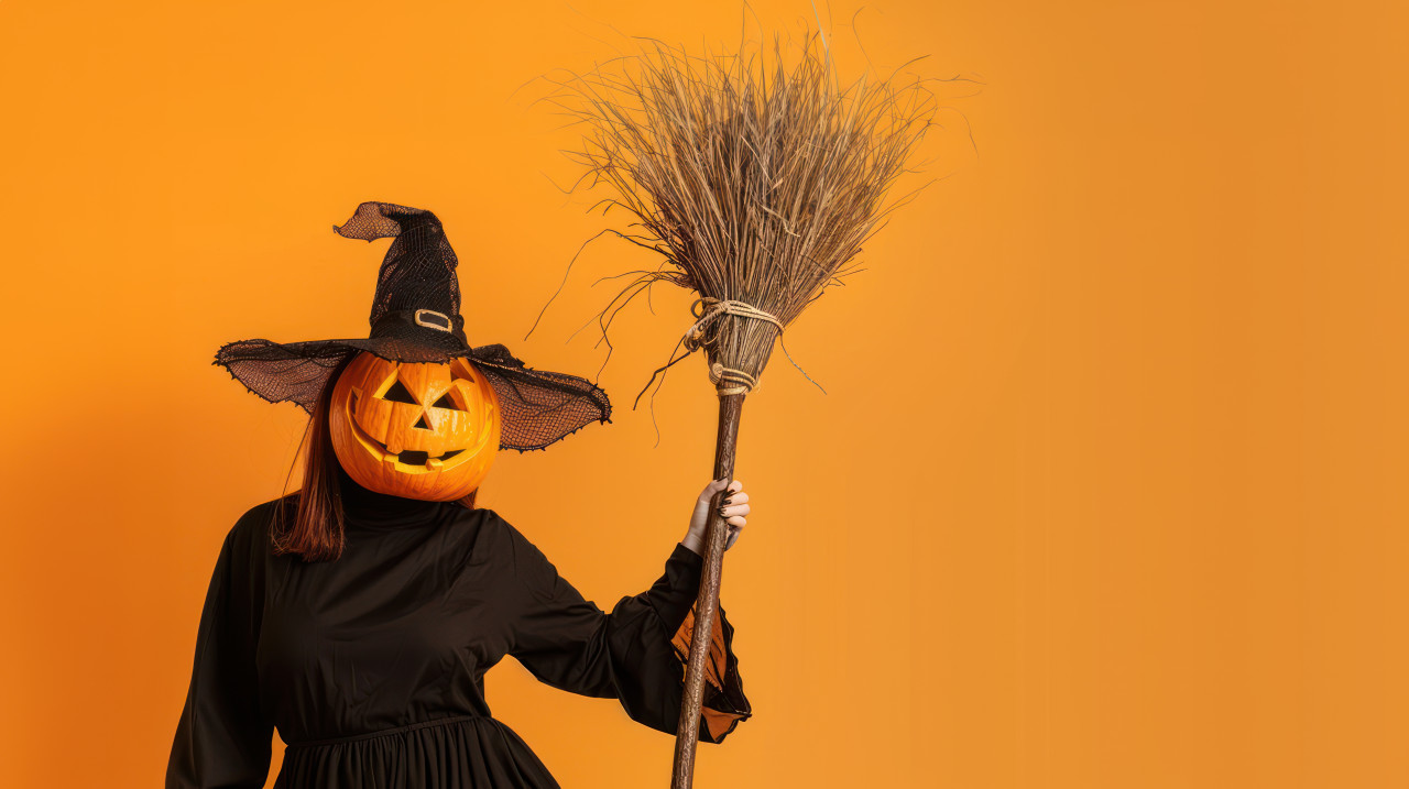 Halloween witch with a pumpkin head and broom posing on a colorful background festive and spooky, halloween, witch with pumpkin
