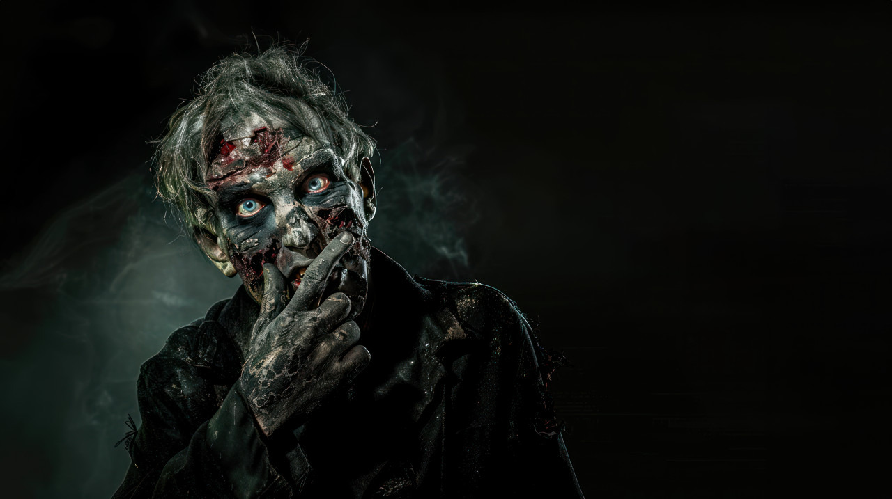 A halloween zombie with his finger to his lips holding up two fingers and looking at the camera dark background, spooky and festive, halloween zombie