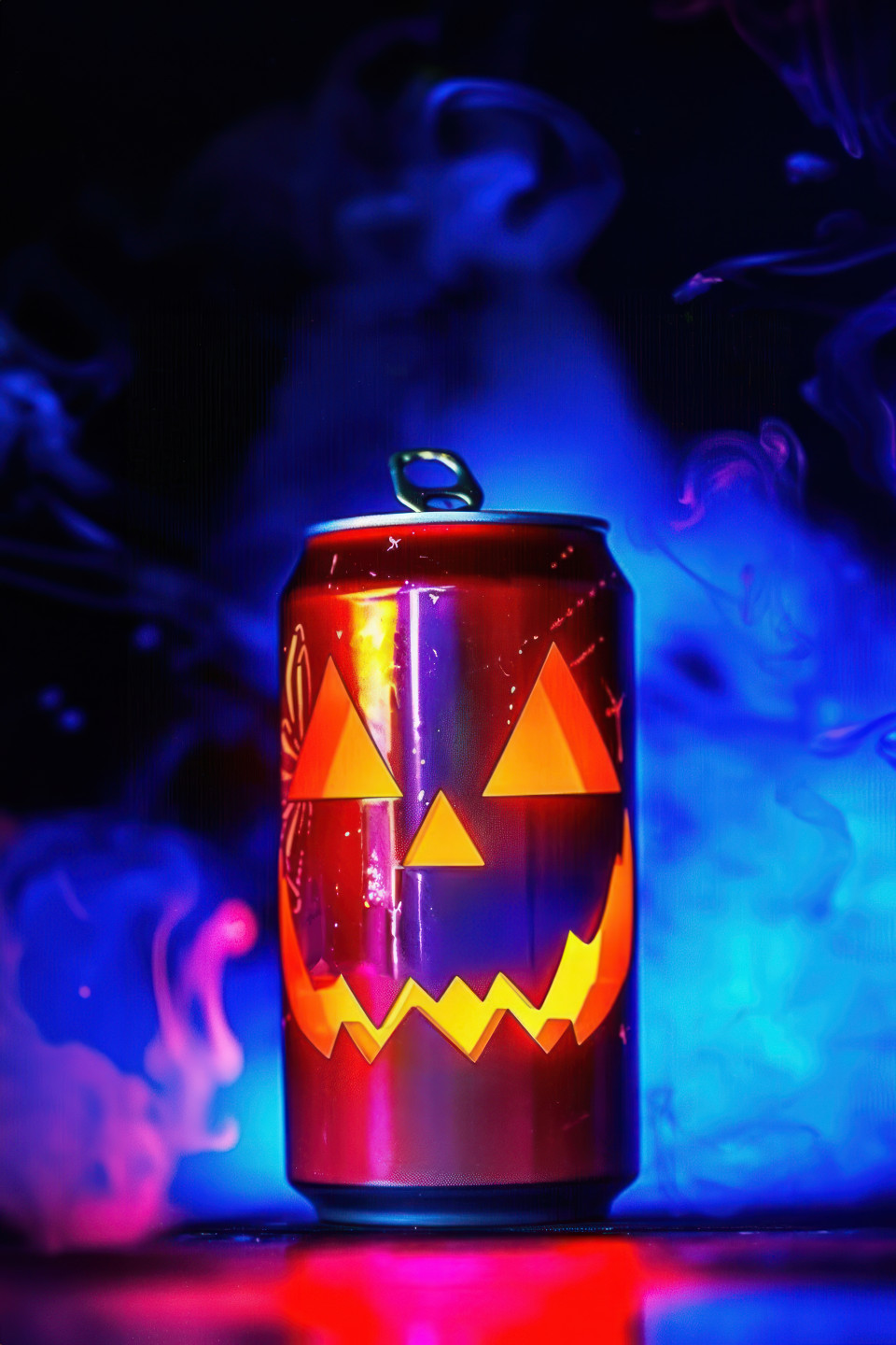 A can with a halloween face and blue smoke in the background spooky and festive, halloween can, halloween blue smoke