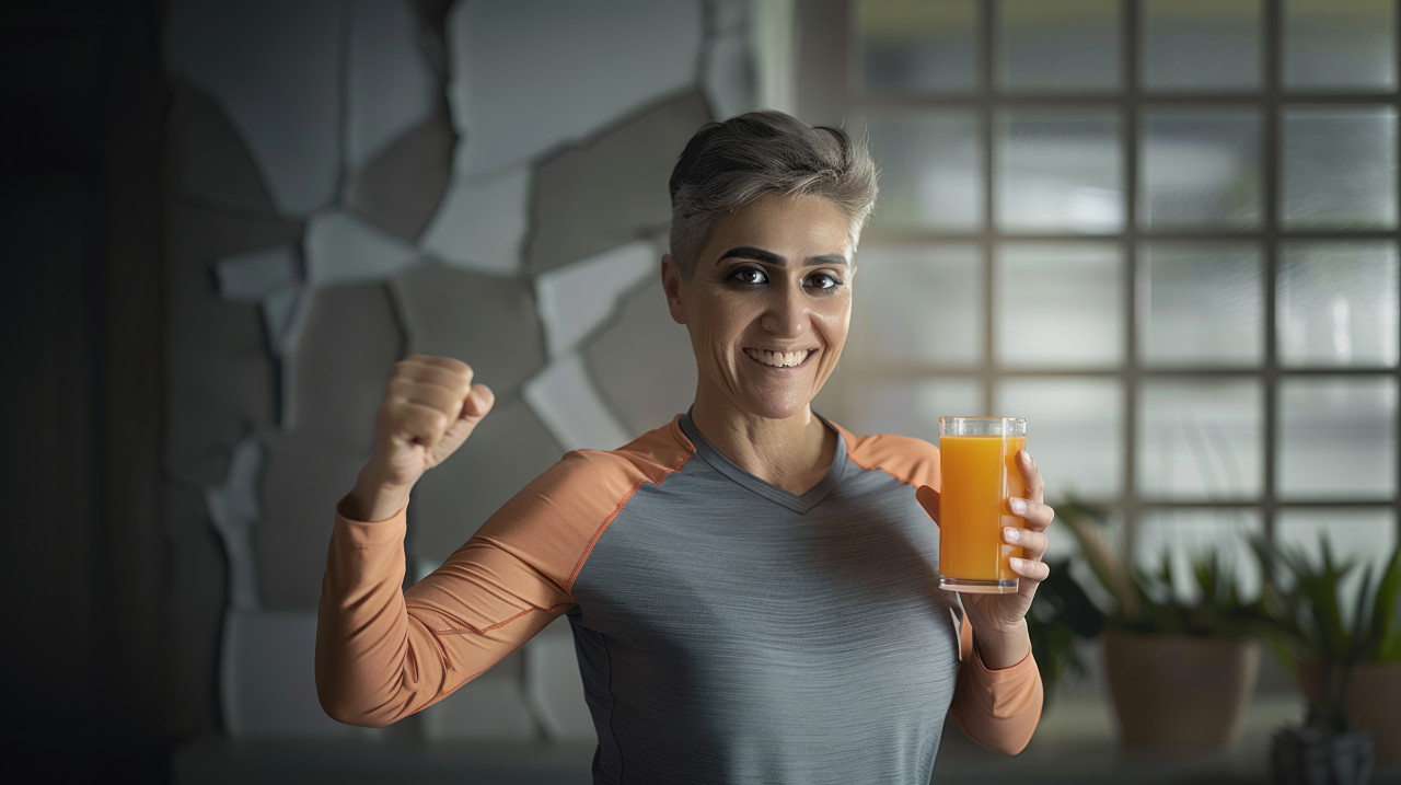 Indian woman with short hair holding up her fist smiling while drinking orange juice,  enjoying a refreshing drink, empowerment, health, orange juice