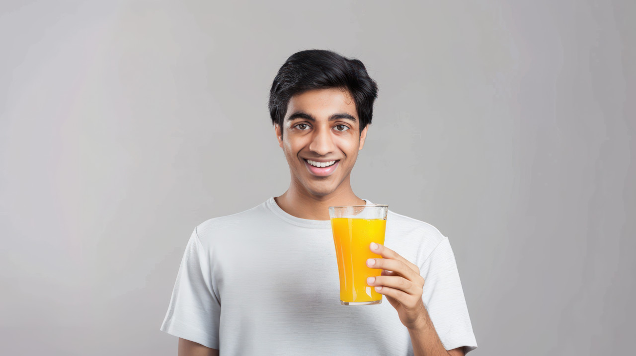 An indian man holding an orange juice glass looking at the drink with excitement isolated on grey background, joyful anticipation, refreshing beverage, orange juice