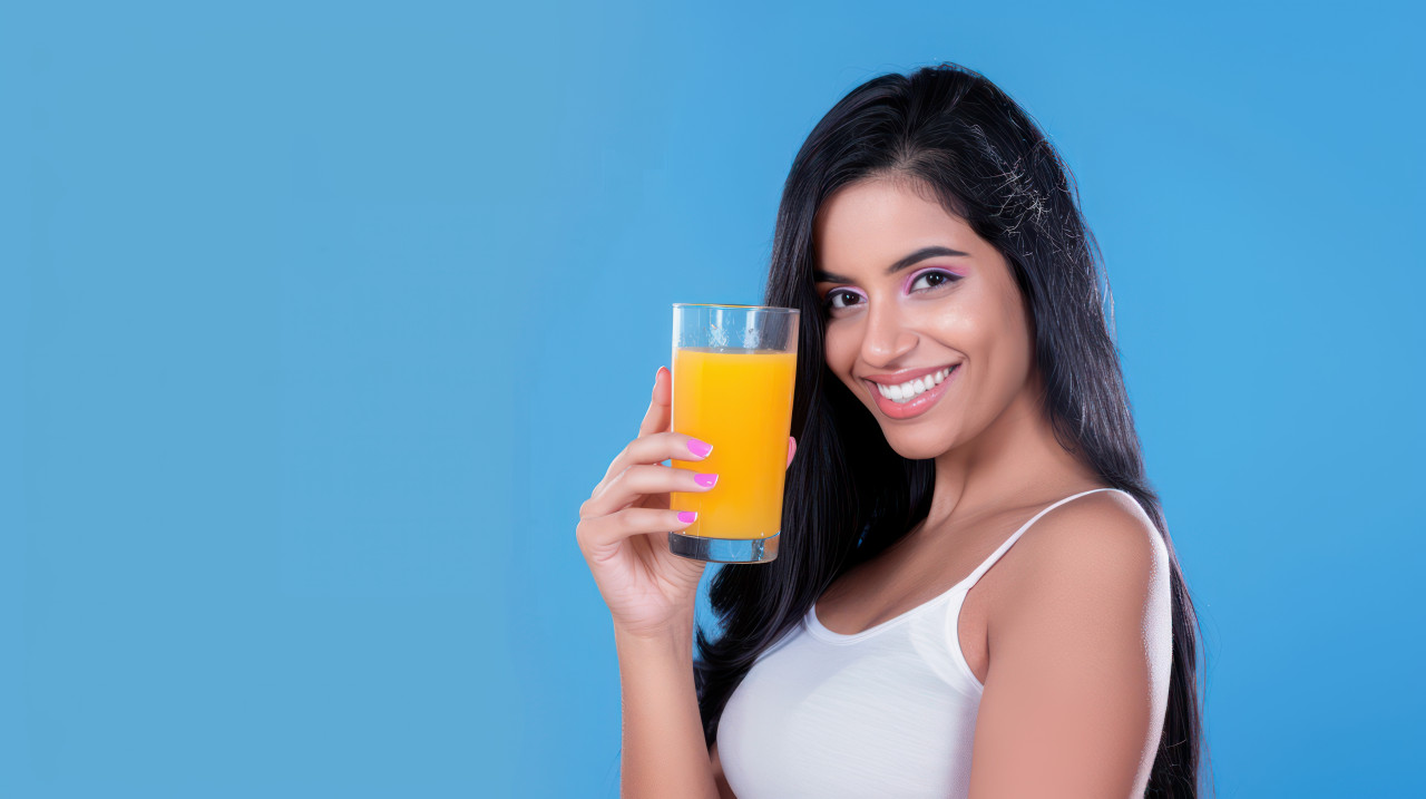 An indian woman holding an orange juice glass against a blue background, bright and fresh drink, cheerful mood, vibrant color