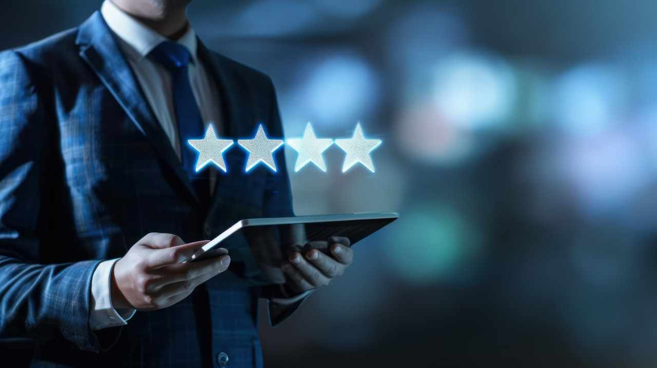 Businessman holding tablet showing five virtual stars, feedback concept, evaluating service quality