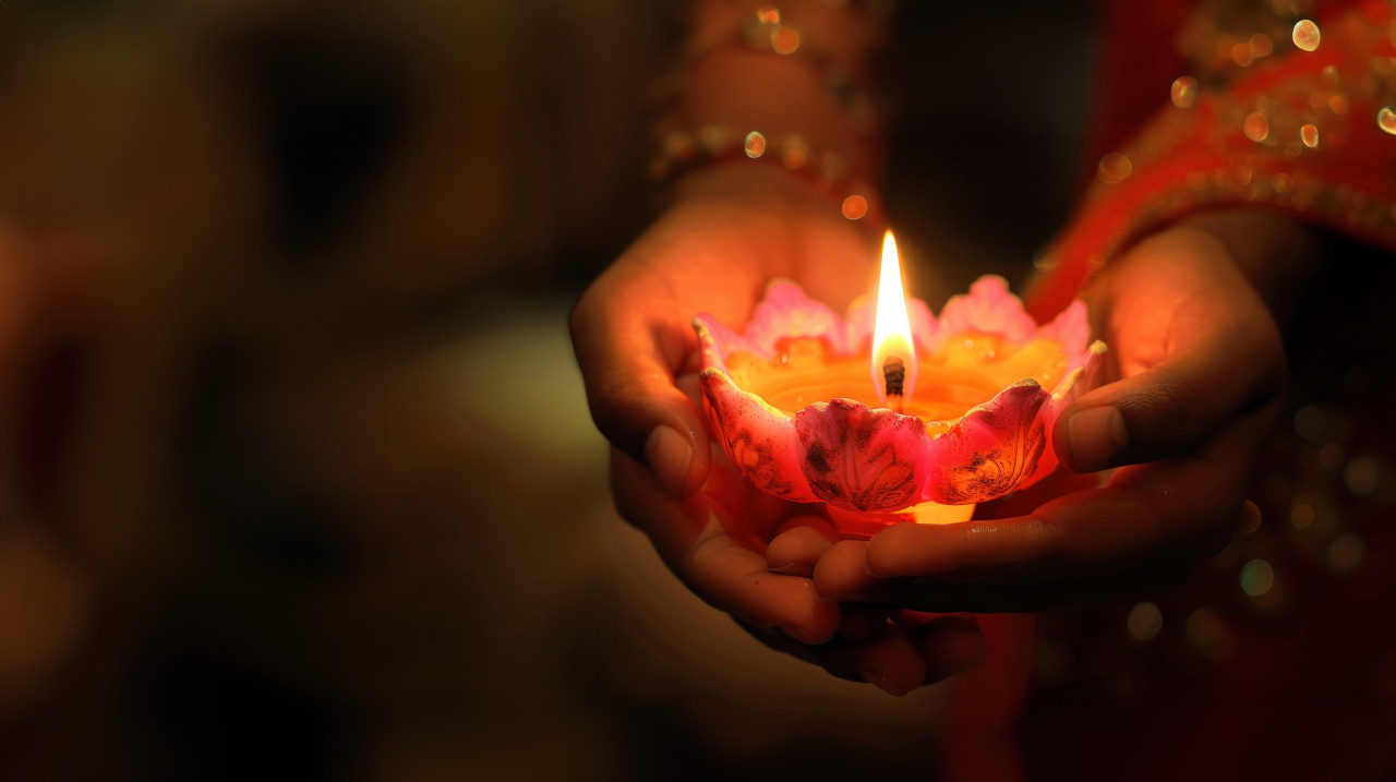 Close up of two hands holding an indian diya lamp shaped like a lotus flower with a burning flame inside, celebrating diwali, festival of lights