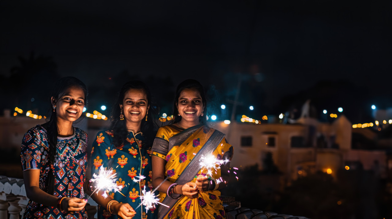 Three indian women in colorful kurtis and sarees smiling while holding sparklers at night celebrating diwali, festival of lights, festive celebration