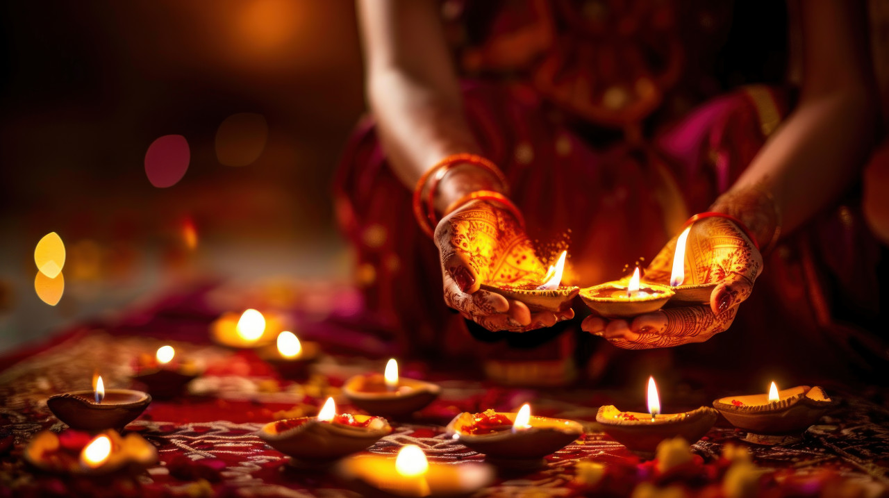 Woman holding an oil lamp in her hands during the hindu festival of diwali celebrating the festival of lights, traditional indian celebration, diwali lamp