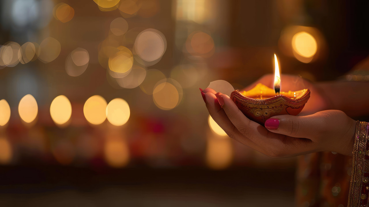 Close up of hands holding a lamp for diwali celebration with a blurred background festival of light, traditional indian festival, celebrating diwali