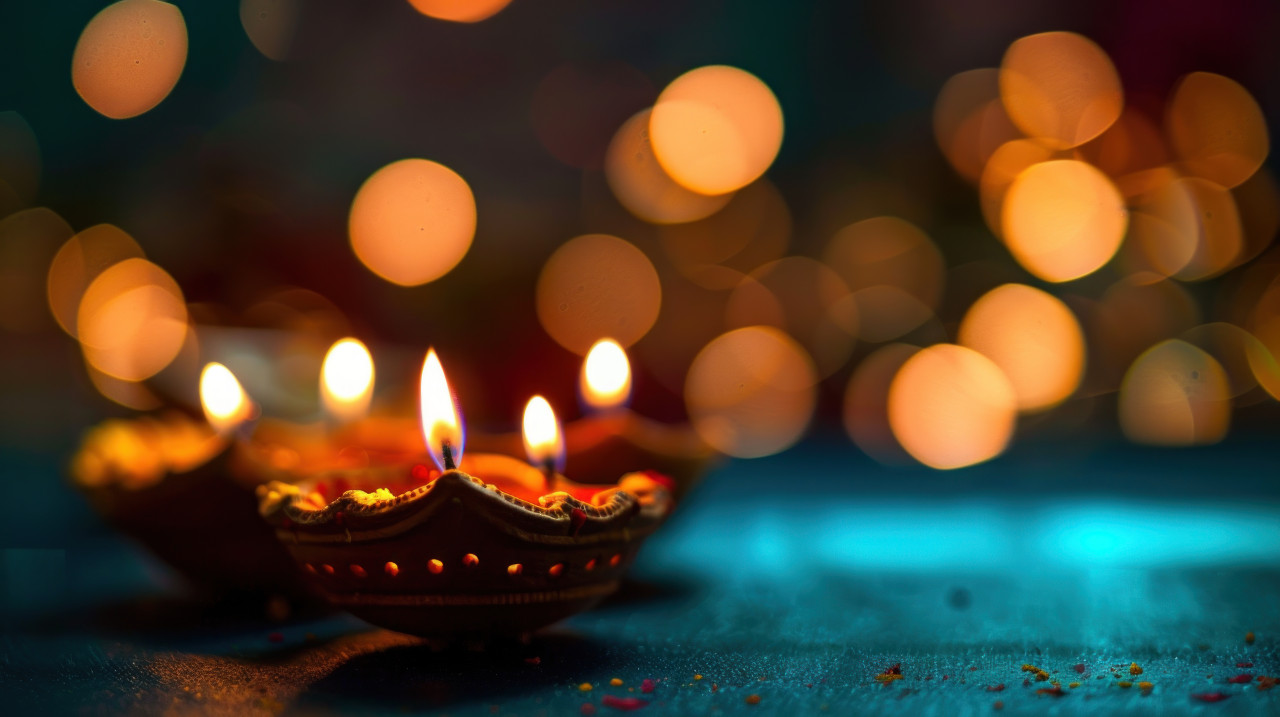 Diwali lights and bokeh on a blue background with candles and lamps celebrating diwali, festival of lights, diwali candles