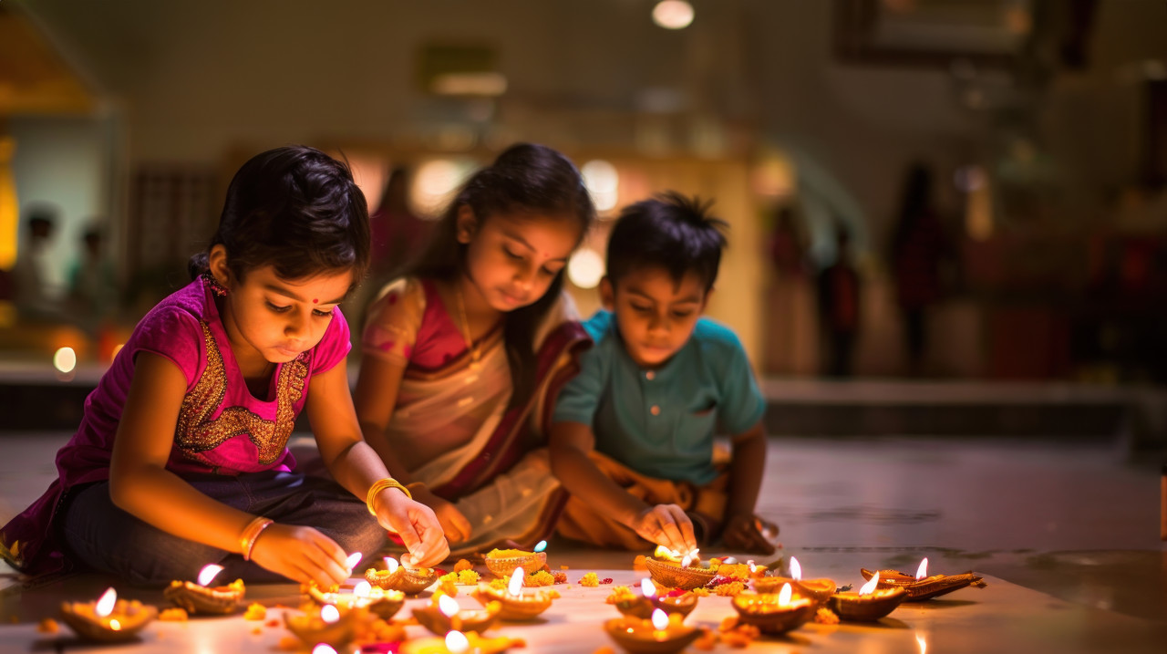 A children creating diya lights on the floor during diwali representing family and cultural traditions celebrating, festival of lights, diwali celebration
