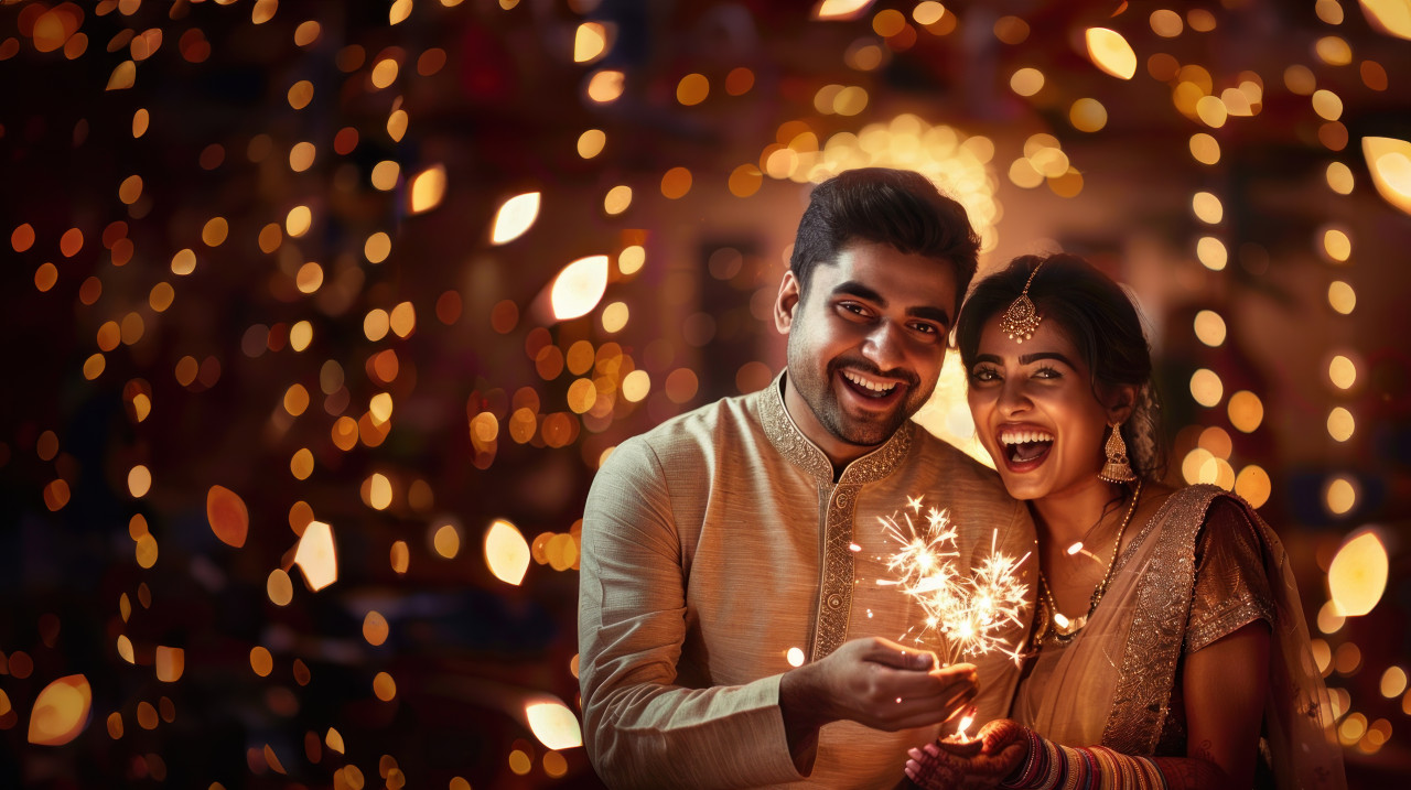 Indian couple celebrating diwali surrounded by lights and sparklers smiling at the camera festival of lights, traditional celebration, diwali festivity