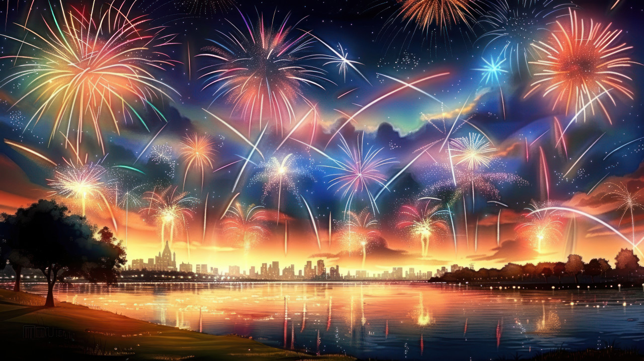 Colorful fireworks lighting up the night sky over an urban lake creating a breathtaking scene during diwali, festival of lights, diwali fireworks