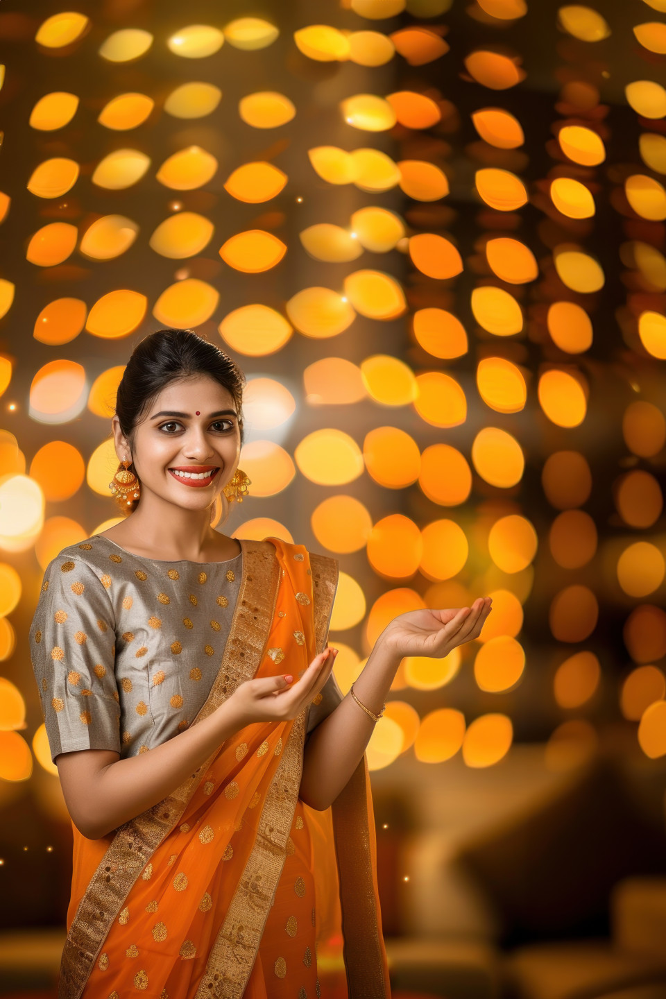 A happy indian woman in traditional dress showing a product in her hand standing against blurred lights at home during diwali, festive atmosphere, celebration