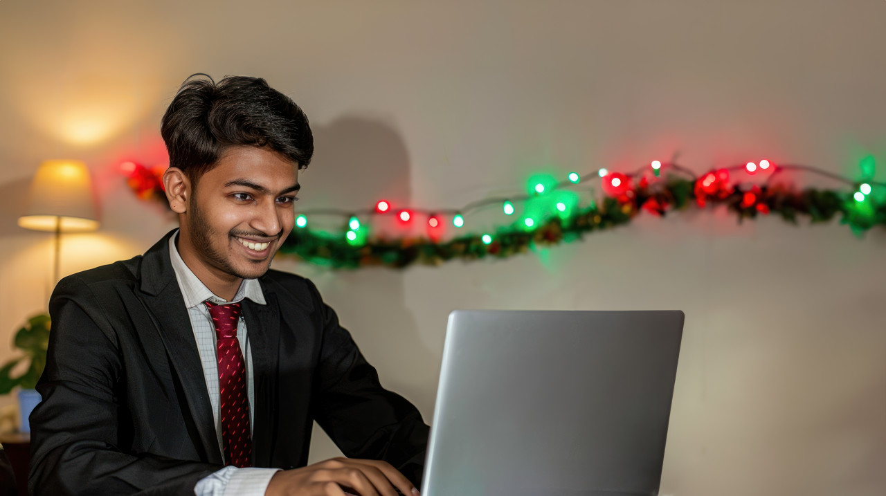 A young indian man in formal attire smiling while typing on his laptop with green and red lights in the background, celebrating diwali, festive work environment