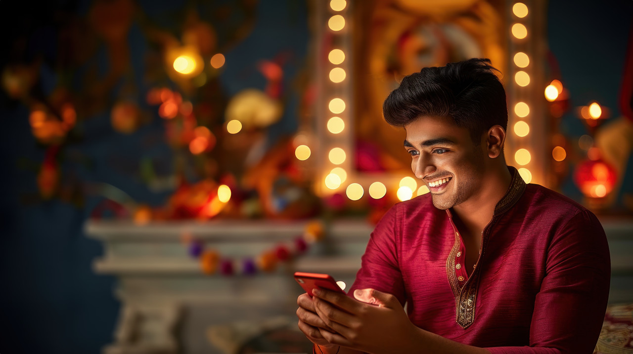An indian man smiling while looking at his phone enjoying the festive moments of diwali, diwali, happiness