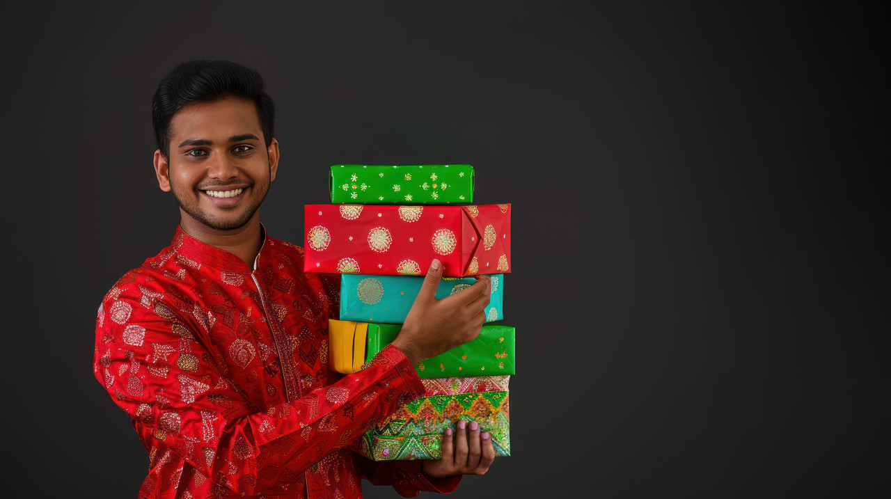 A man holding colorful gift boxes for diwali isolated against a black background showcasing festive presents, diwali, gift giving