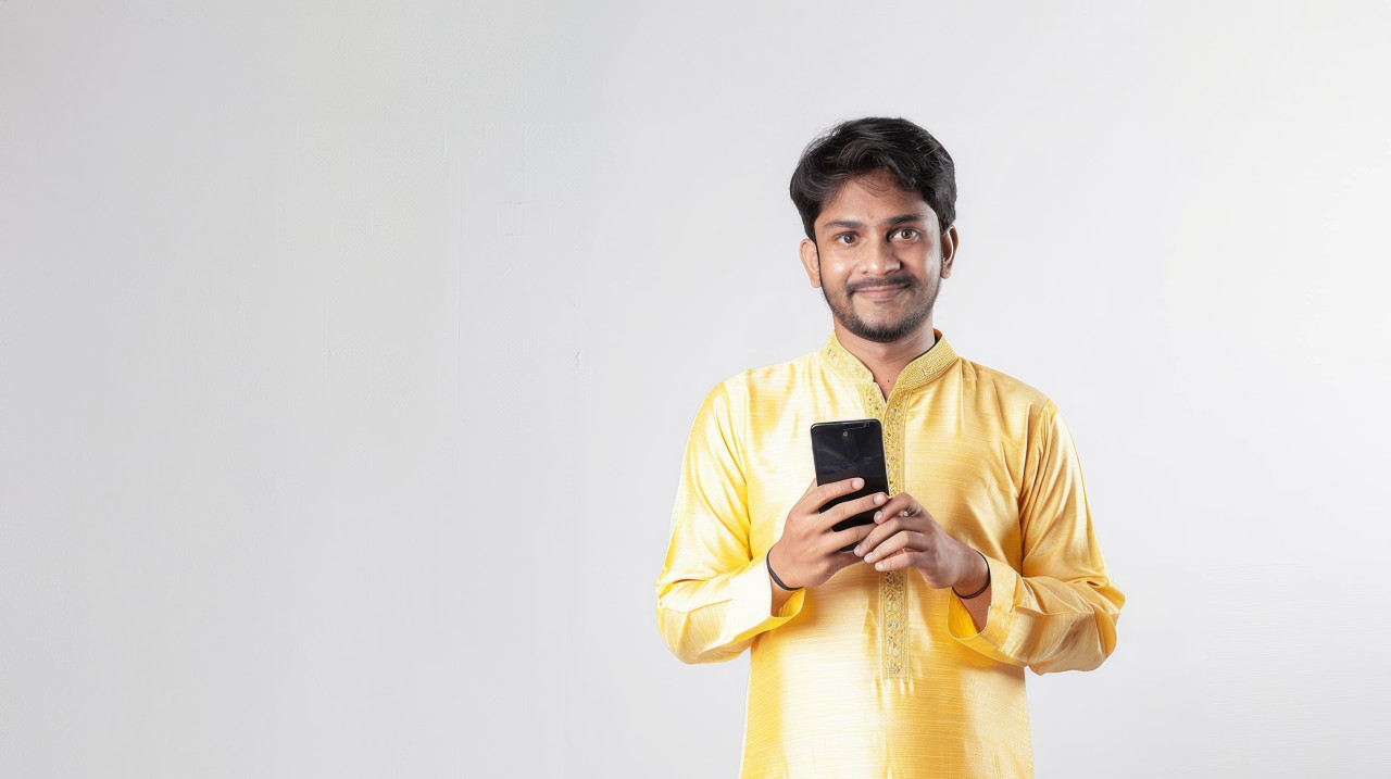An indian man in a yellow kurti showing his phone screen to the camera while standing against a white background, celebrating diwali, diwali, digital interaction