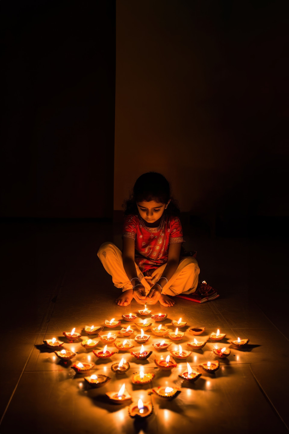A young girl creating an intricate pattern of diwali lamps on the floor symbolizing joy and lights during the festival season, diwali, festive art