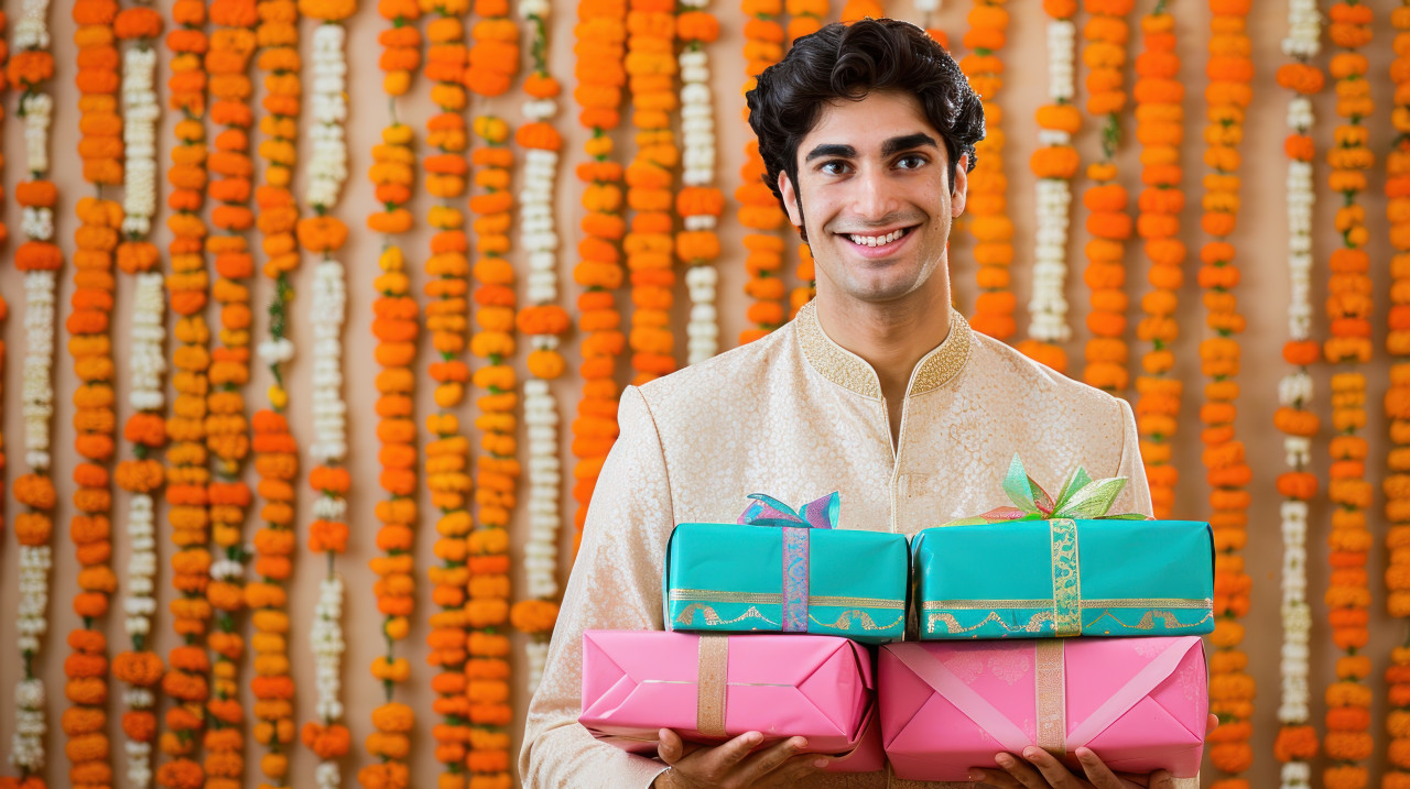A handsome young indian man in an elegant cream colored kurti holding three wrapped gifts celebrating diwali with festive presents, diwali, gift giving