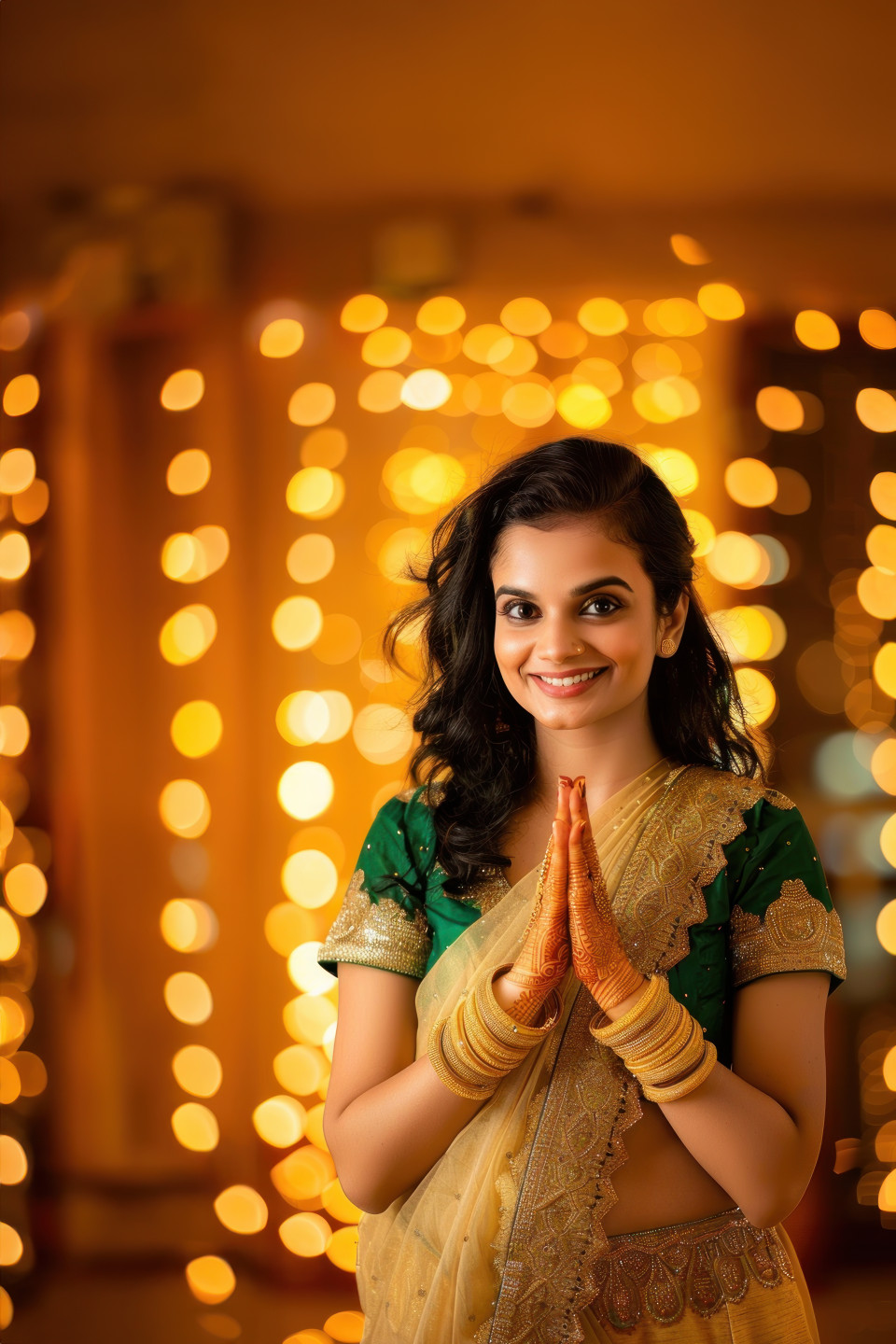 An indian woman standing with hands clasped together and smiling at the camera during diwali festival celebration showing joy and tradition, diwali, festive celebration