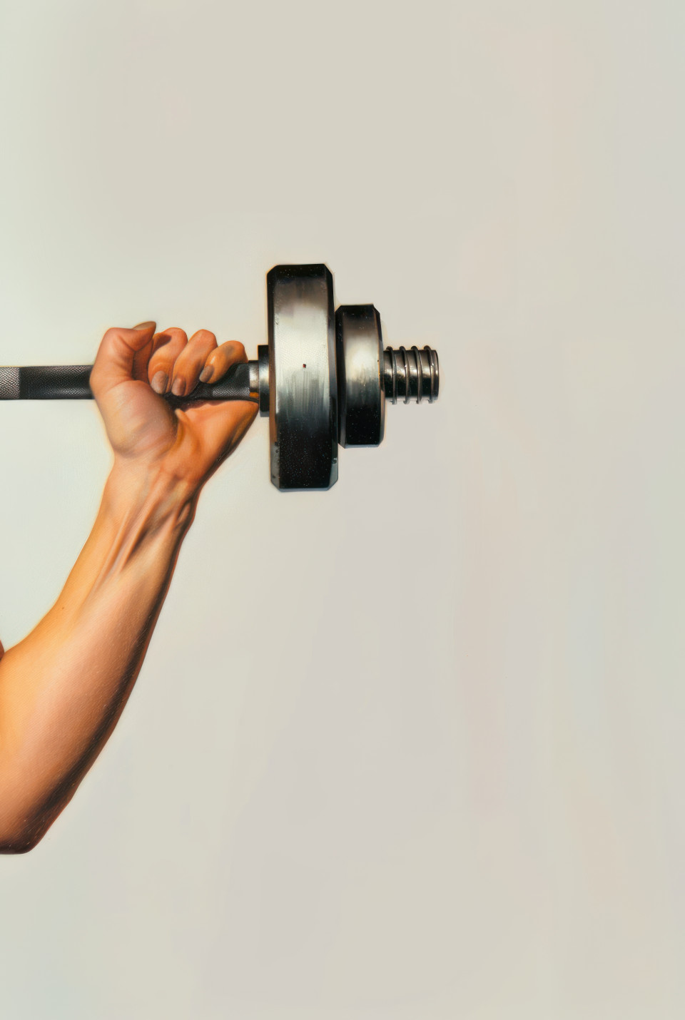Person hand holding an iron dumbbell on a white background, workout gear, exercise equipment, fitness training