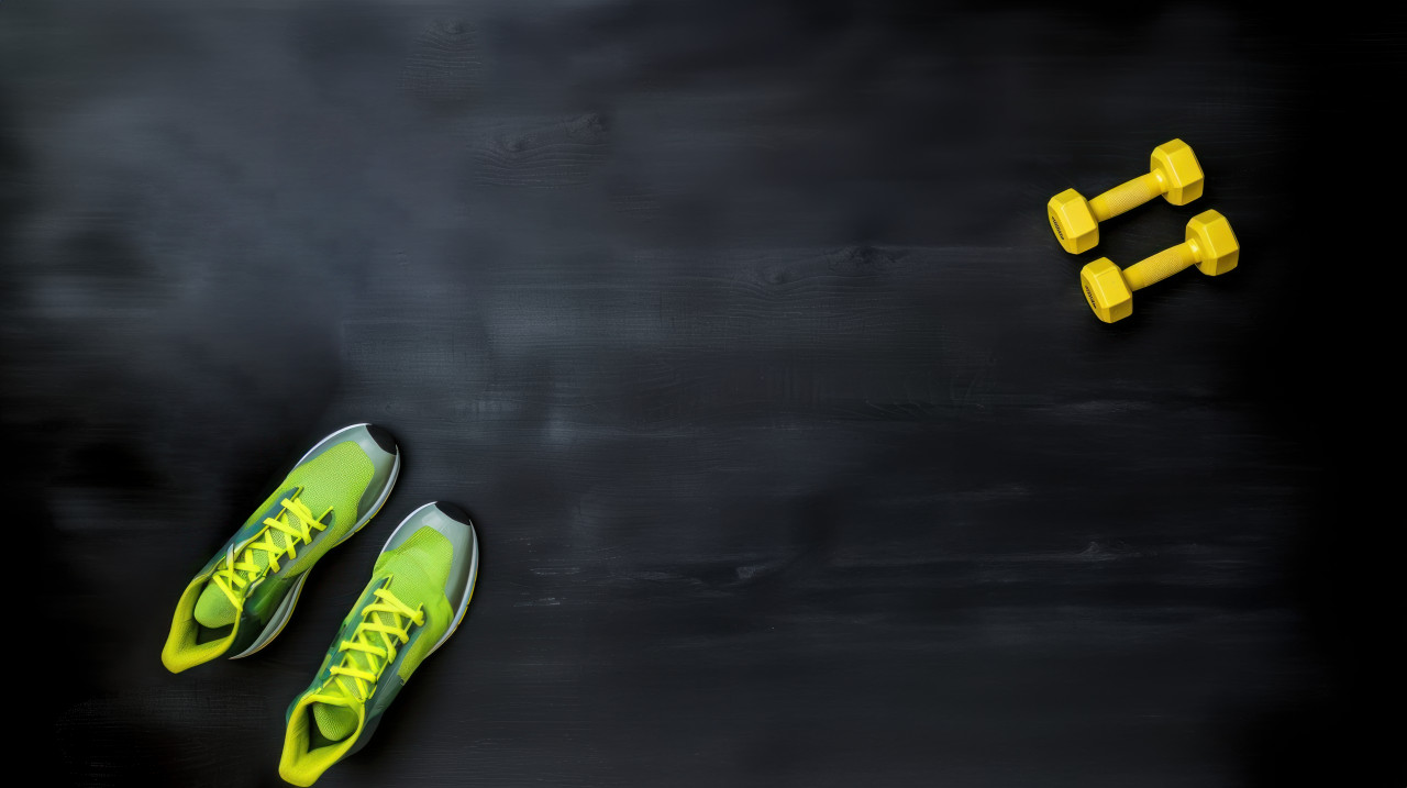 Gym background with fitness equipment and a blackboard on a chalkboard, exercise tools, training space, fitness environment