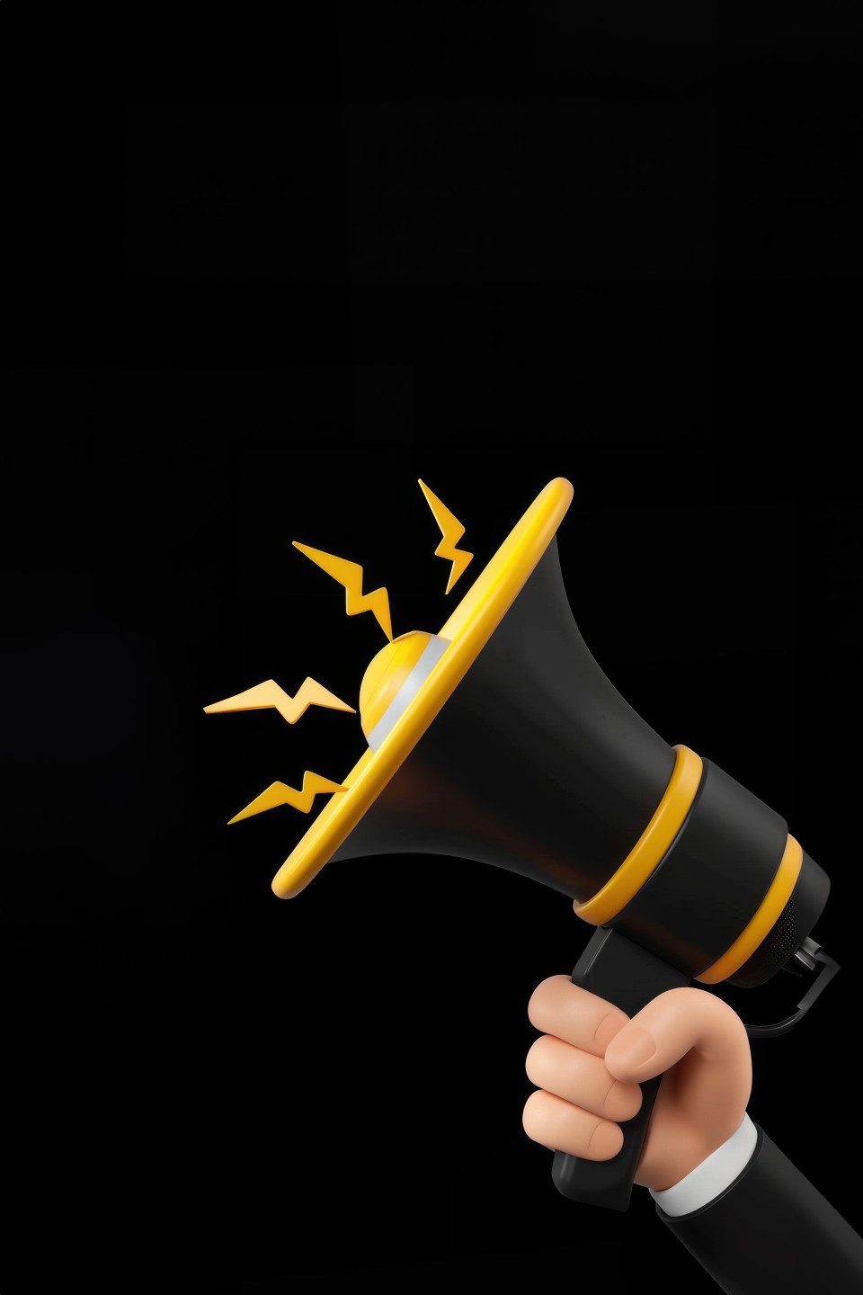 3d cartoon man hand holding megaphone with yellow lightning bolts coming out on black background symbolizing black friday sales, promotional announcements, black friday