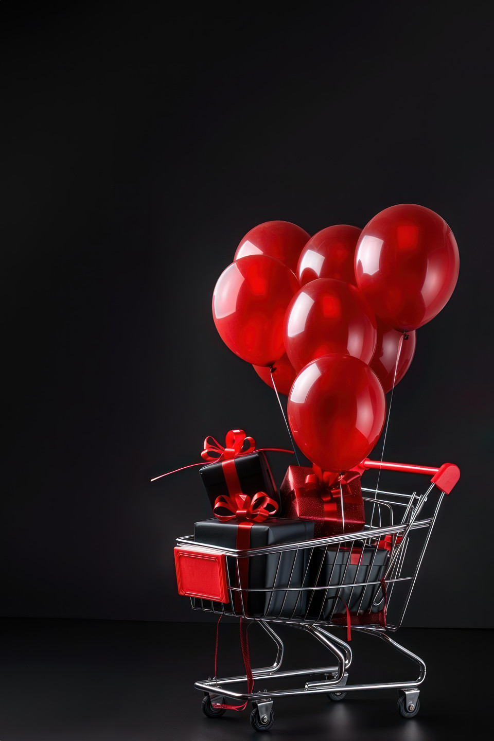 A shopping cart filled with red balloons and gifts on black background represents black friday sales, black friday, festive shopping