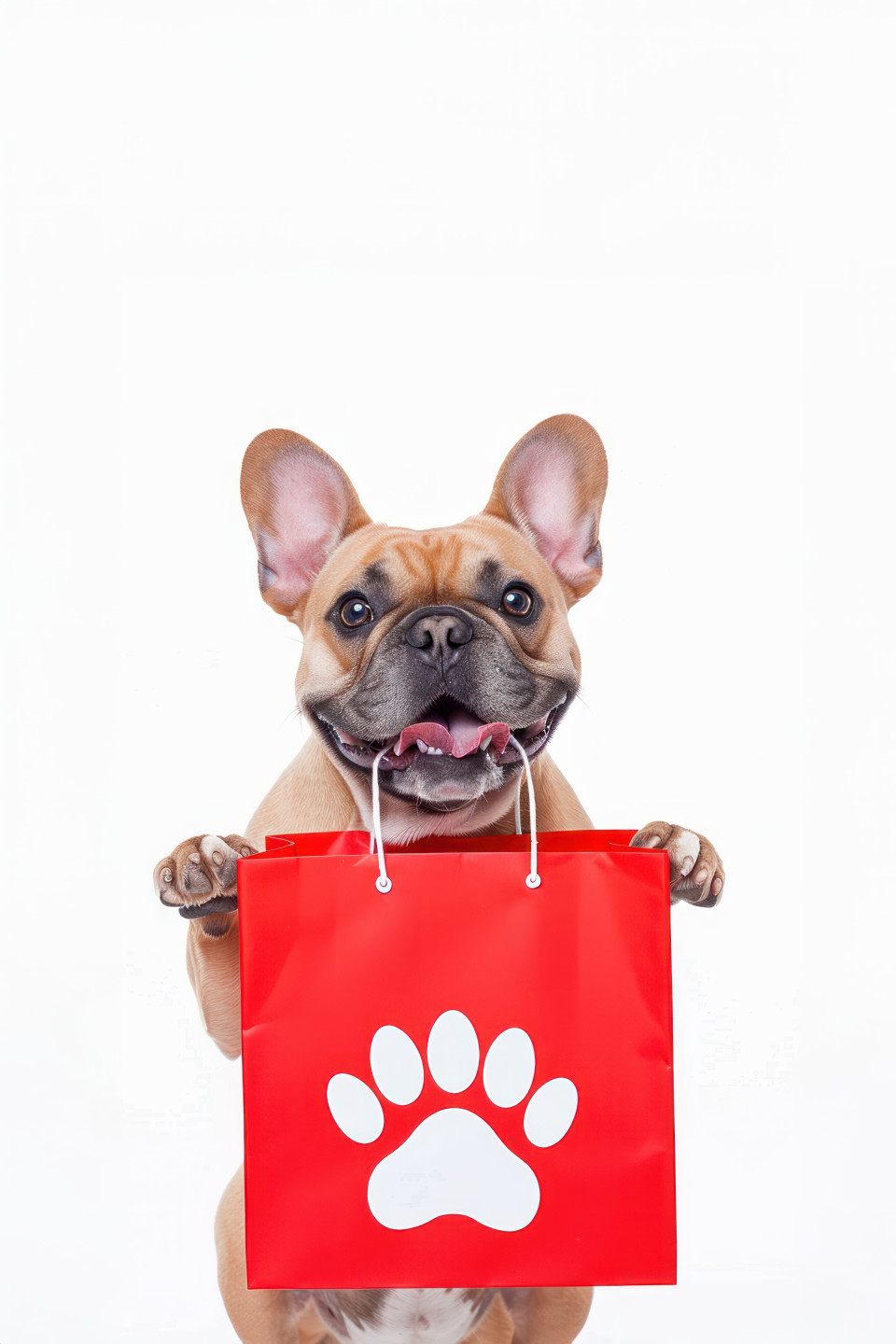 A happy french bulldog holding a red shopping bag with white paw print pattern isolated on a white background symbolizing black friday sales, black friday, pet shopping