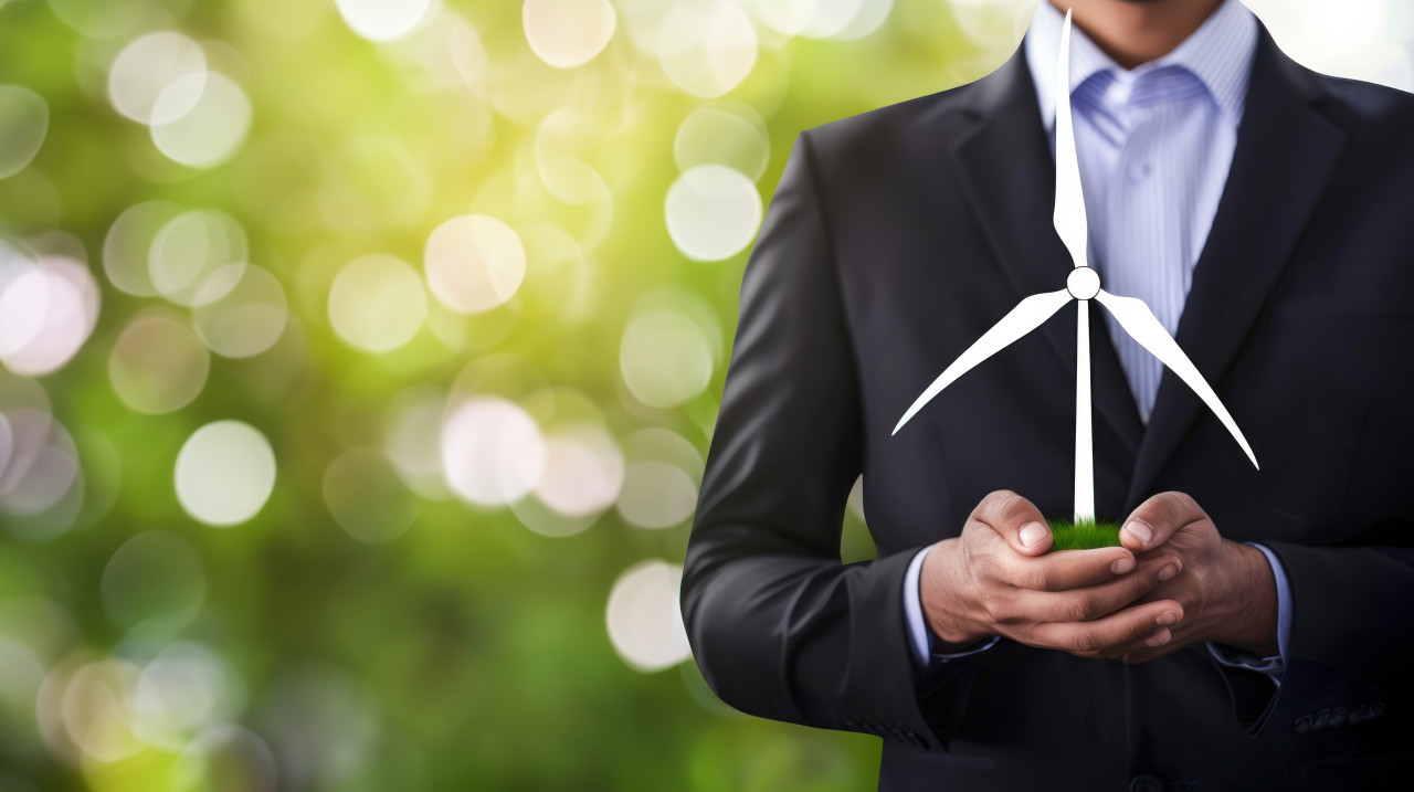Businessman in suit holding wind turbine icon on blurred green background promoting sustainable energy and eco friendly solutions, green energy, renewable power