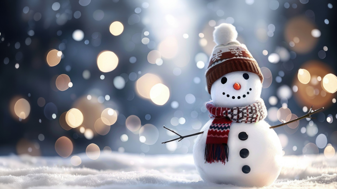 A cute snowman wearing a scarf and hat standing in white bokeh background festive decoration winter holiday scene, christmas, new year