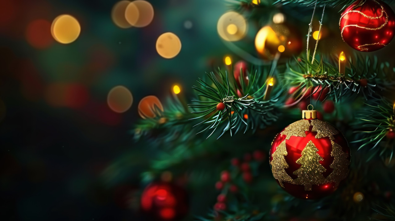 Christmas tree with red and golden ornaments close up on dark background festive decor holiday sparkle, christmas, new year