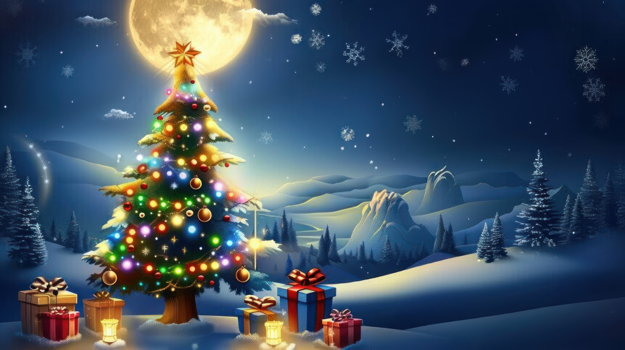 Beautiful christmas background with moon shining brightly in the sky festive night scene, christmas, new year, winter night